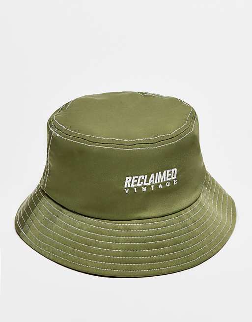 Reclaimed Vintage Nylon Logo Bucket Hat In Khaki Hats & Caps