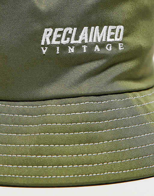 Reclaimed Vintage Nylon Logo Bucket Hat In Khaki Hats & Caps