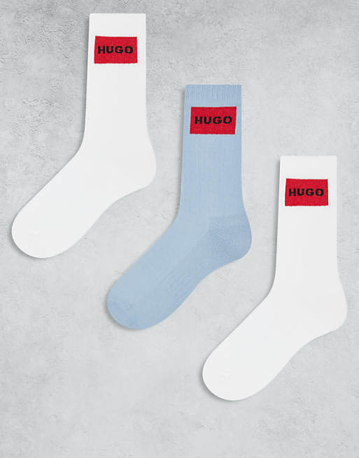 Men HUGO RED 3 pack back box logo ribbed sneaker socks in white/light blue