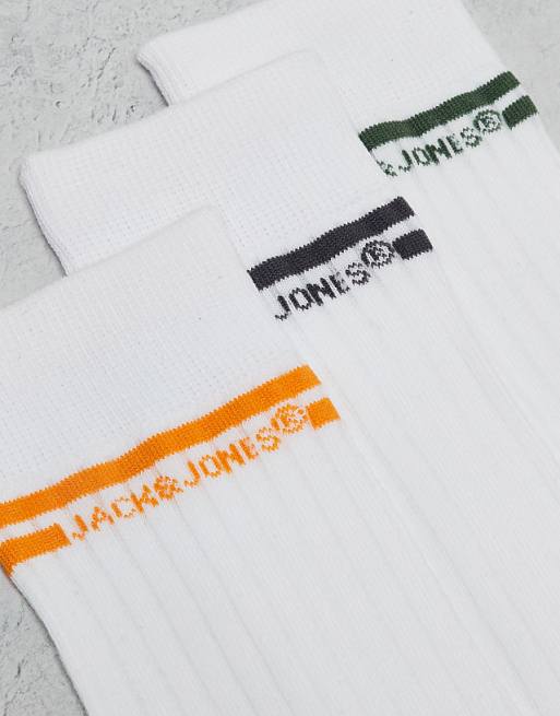 Men Jack & Jones 3 pack athletic socks in white with contrasting stripes