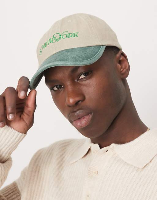 Asos Design Cap With New York Emroidery In Stone With Green Contrast Peak