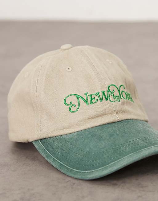 Asos Design Cap With New York Emroidery In Stone With Green Contrast Peak