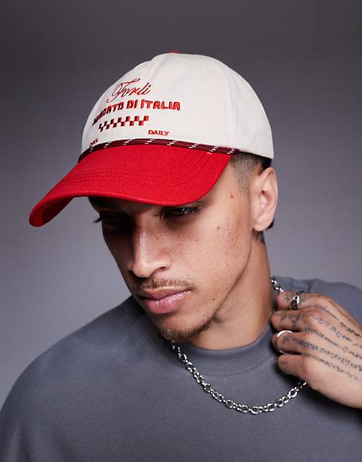 Asos Design Cap With Rope Detail And Embroidery In White With Contrast Peak