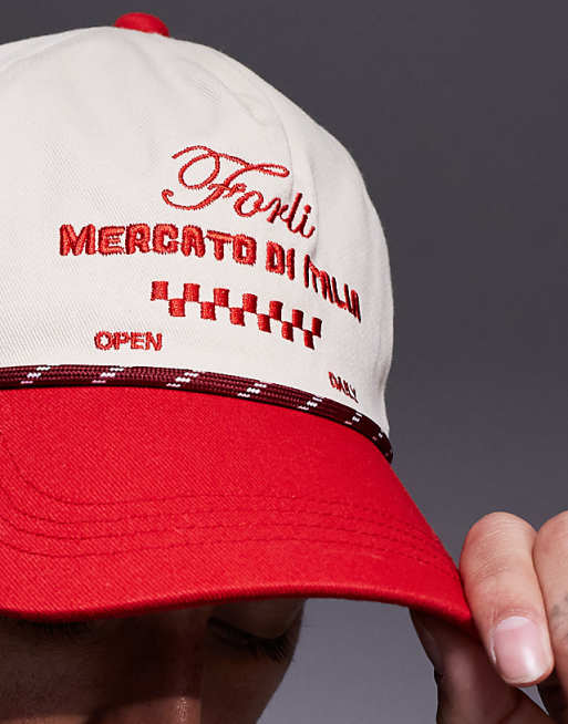 Asos Design Cap With Rope Detail And Embroidery In White With Contrast Peak