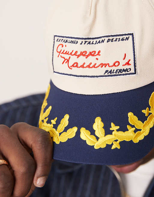 Asos Design Cap With Peak Detail And Embroidery In Ecru