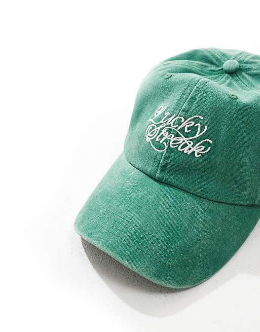 Asos Design Lucky Streak Embroidered Cap In Washed Green
