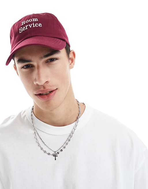 Asos Design Room Service Logo Embroidered Cap In Burgundy