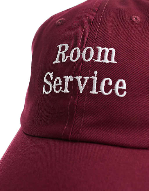 Asos Design Room Service Logo Embroidered Cap In Burgundy