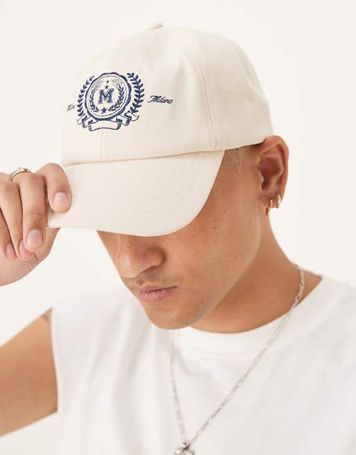 Asos Design Spagliato Logo Cap In Ecru
