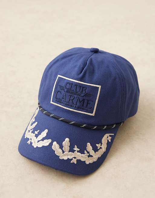 Asos Design Club Carme Baroque Embroidered Cap With Rope Detail In Navy