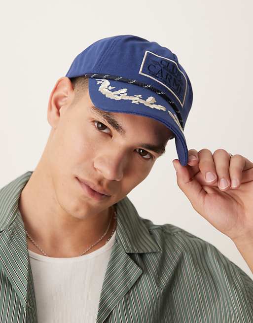 Asos Design Club Carme Baroque Embroidered Cap With Rope Detail In Navy