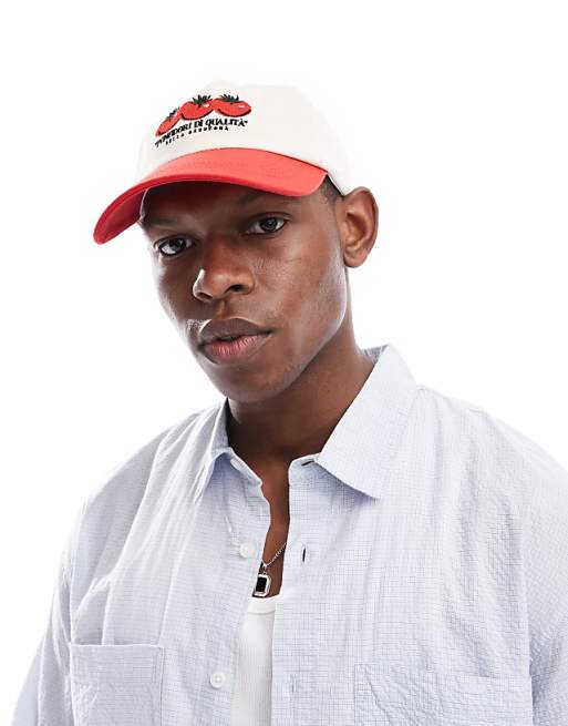 Asos Design Tomato Embroidery Cap In Ecru And Red