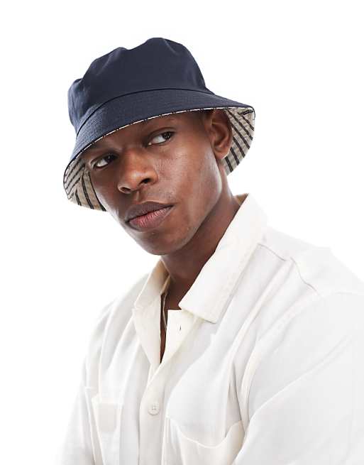 Asos Design Reversible Bucket Hat In Navy Stripe