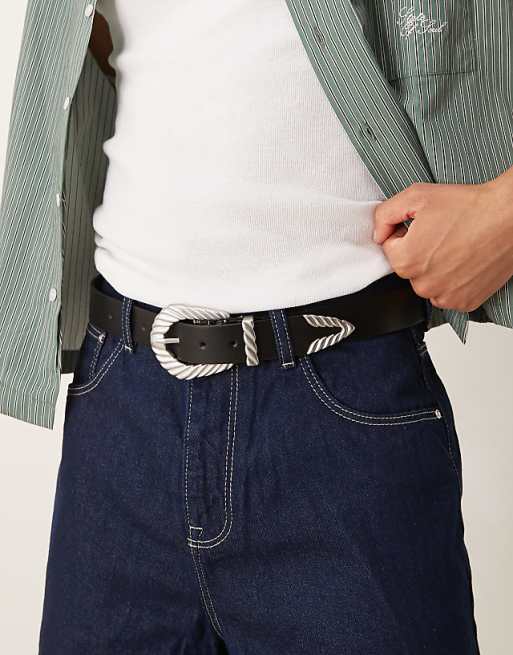 Asos Design Western Black Faux Leather Jeans Belt With Ridge Detail Buckle In Antique Silver