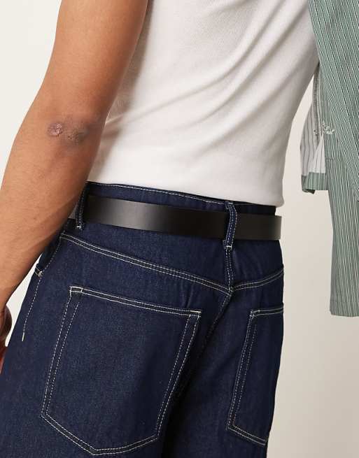 Asos Design Western Black Faux Leather Jeans Belt With Ridge Detail Buckle In Antique Silver