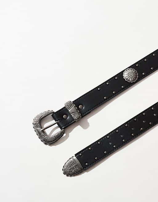 Asos Design Western Floral Studded Belt In Faux Black Leather