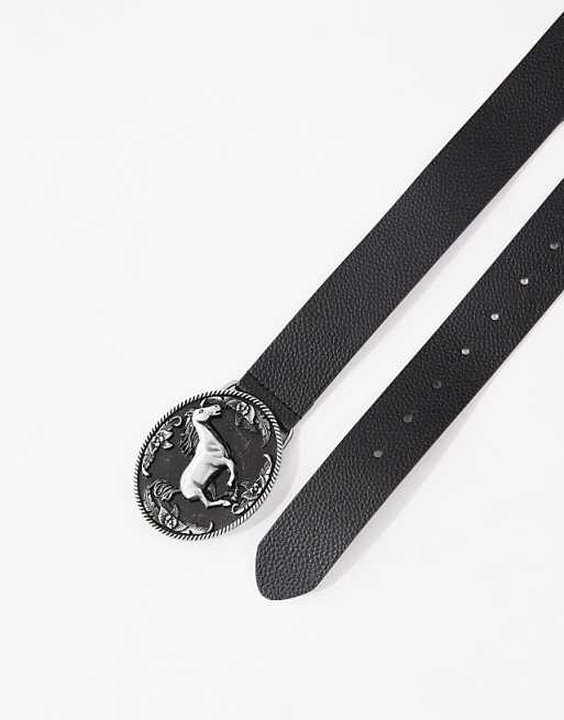 Asos Design Plated Horse Buckle Belt In Black Pebbled Faux Leather