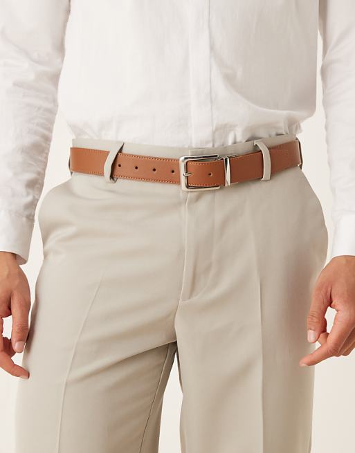 Asos Design Dressy Reversible Belt In Tan And Navy Faux Leather