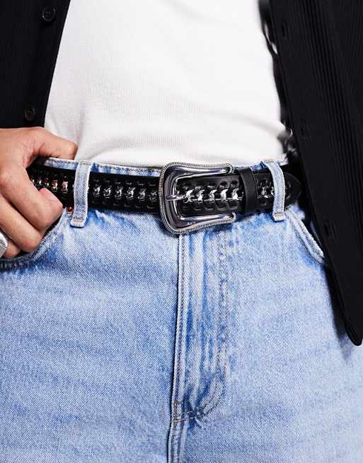 Asos Design Western Belt With Chain Detail In Black Faux Leather