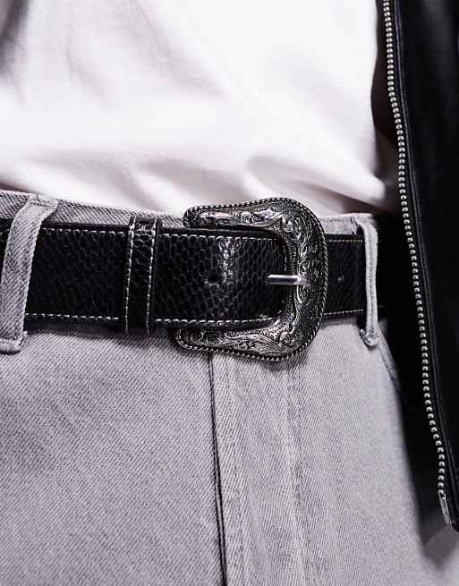 Asos Design Western Cowboy Belt In Black Faux Leather With Snakeskin And Contrast Stitch Detail
