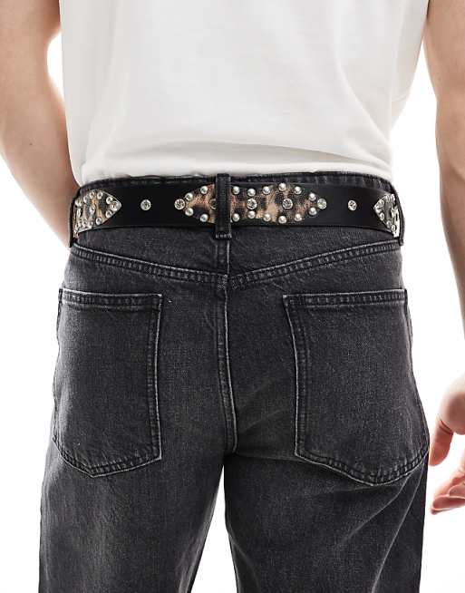 Asos Design Western Studded Trophy Belt In Black Faux Leather With Leopard Print Detail