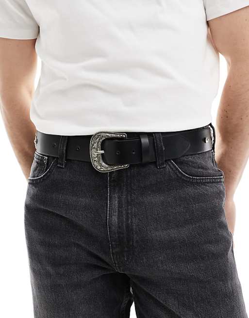 Asos Design Western Studded Trophy Belt In Black Faux Leather With Leopard Print Detail