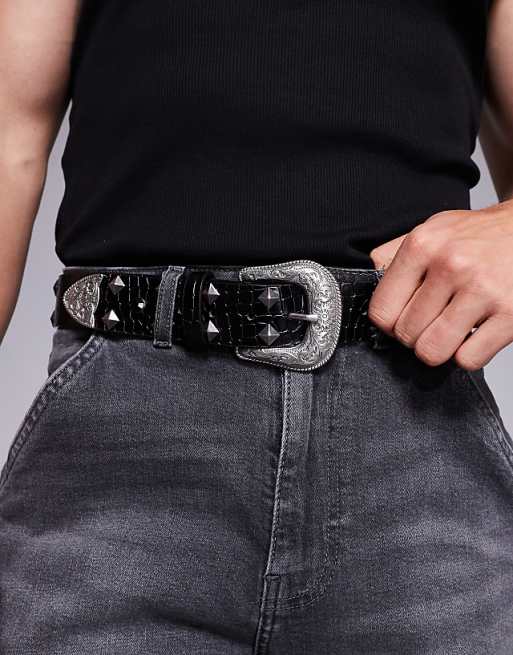 Asos Design Western Stud And Crystal Belt In Black Faux Croc Leather