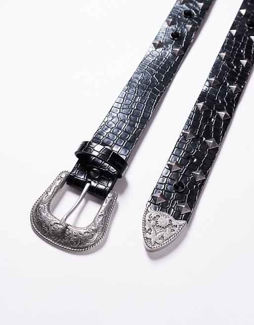 Asos Design Western Stud And Crystal Belt In Black Faux Croc Leather