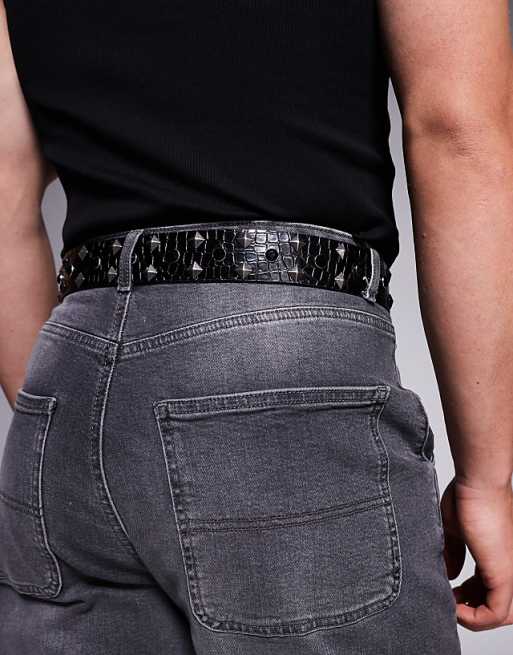 Asos Design Western Stud And Crystal Belt In Black Faux Croc Leather