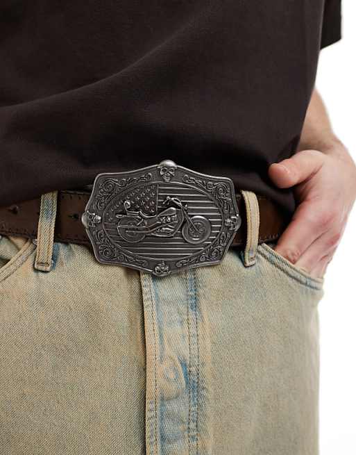 Asos Design Moto Americana Plate Belt Buckle In Brown Faux Leather With Whipstitch Detail