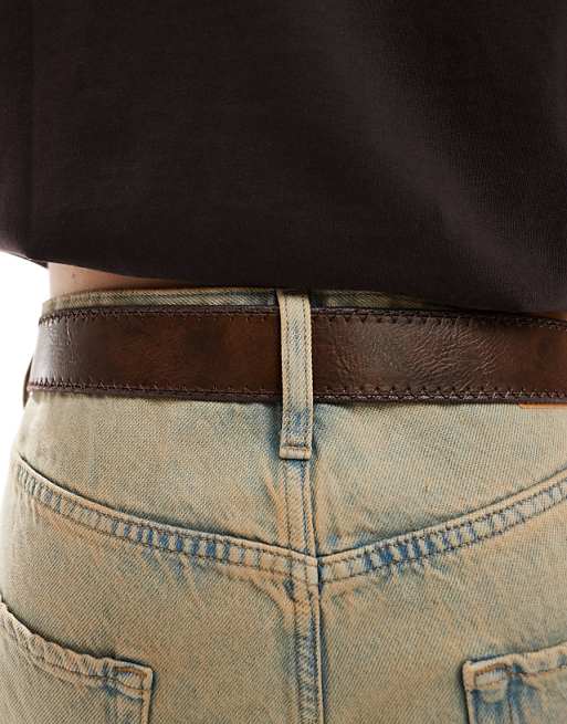 Asos Design Moto Americana Plate Belt Buckle In Brown Faux Leather With Whipstitch Detail