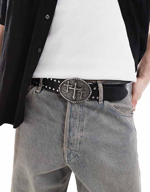 Asos Design Gothic Cross Antique Silver Buckle Belt With Studding In Faux Black Leather