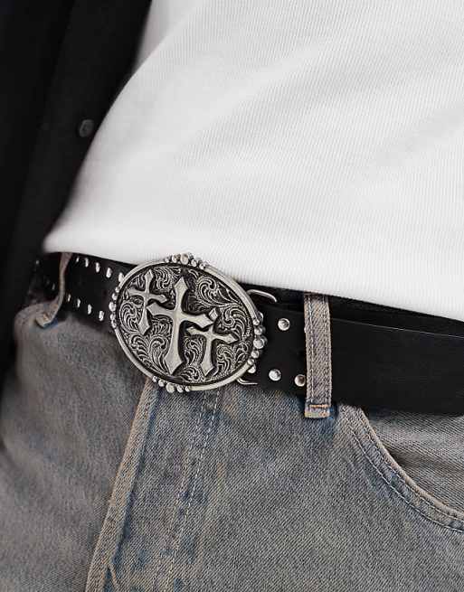 Asos Design Gothic Cross Antique Silver Buckle Belt With Studding In Faux Black Leather