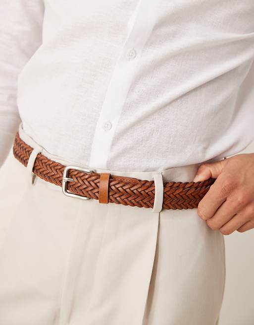 Asos Design Dressy Woven Belt In Tan Bonded Leather