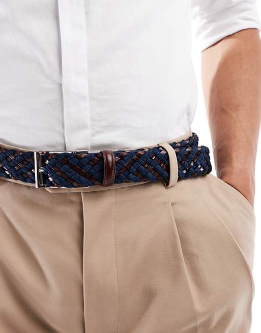 Asos Design Elasticized Woven Belt In Navy And Brown Faux Leather Fabric Mix