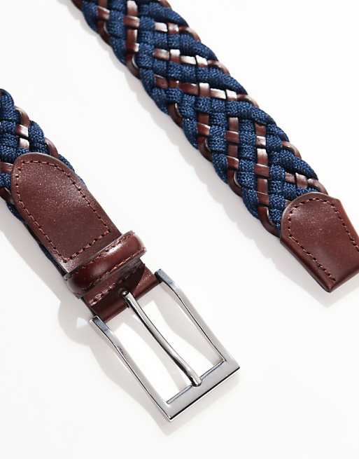 Asos Design Elasticized Woven Belt In Navy And Brown Faux Leather Fabric Mix