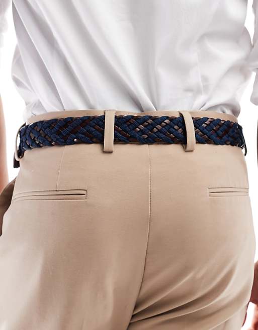 Asos Design Elasticized Woven Belt In Navy And Brown Faux Leather Fabric Mix