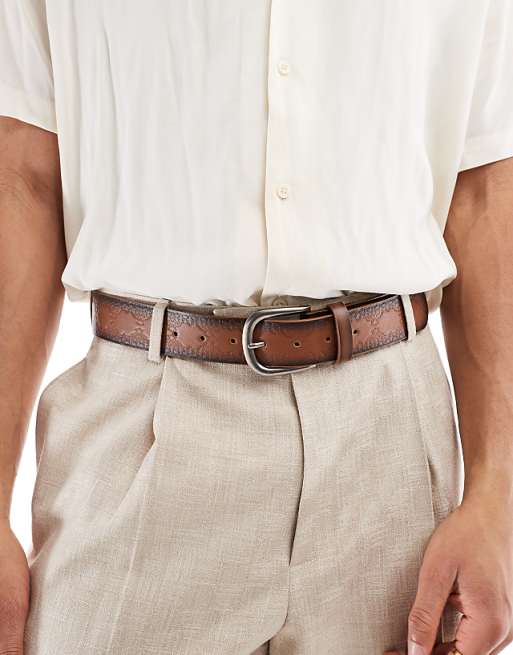 Asos Design Embossed Belt In Burnished Brown Faux Leather