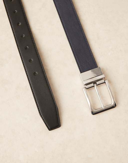 Asos Design Dressy Reversible Belt In Black And Navy Faux Leather