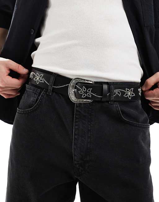 Asos Design Western Belt With Floral Studding In Black Faux Leather
