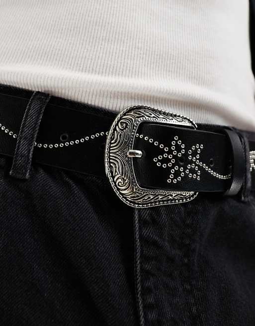 Asos Design Western Belt With Floral Studding In Black Faux Leather