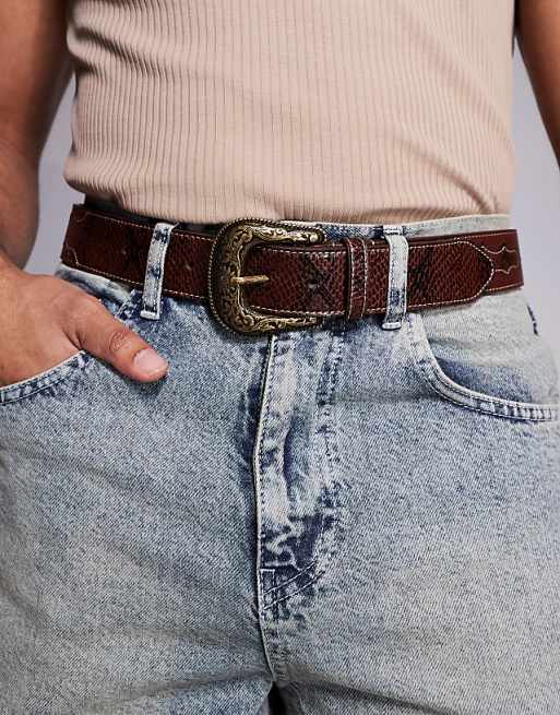 Asos Design Western Belt With Snakeskin Detail In Brown Faux Leather