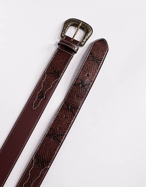 Asos Design Western Belt With Snakeskin Detail In Brown Faux Leather