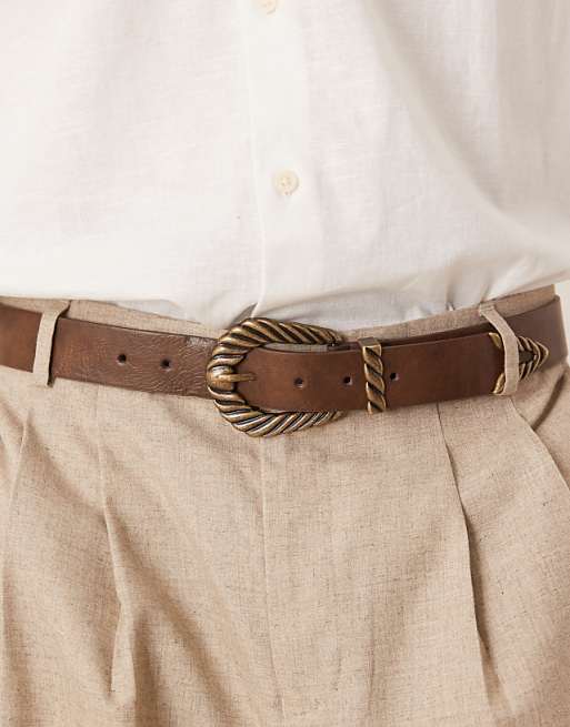 Asos Design Western Faux Leather Burnished Brown Jeans Belt With Ridge Detail Buckle In Antique Gold