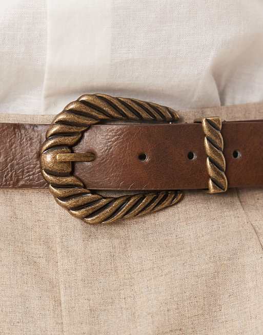 Asos Design Western Faux Leather Burnished Brown Jeans Belt With Ridge Detail Buckle In Antique Gold