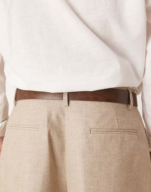 Asos Design Western Faux Leather Burnished Brown Jeans Belt With Ridge Detail Buckle In Antique Gold