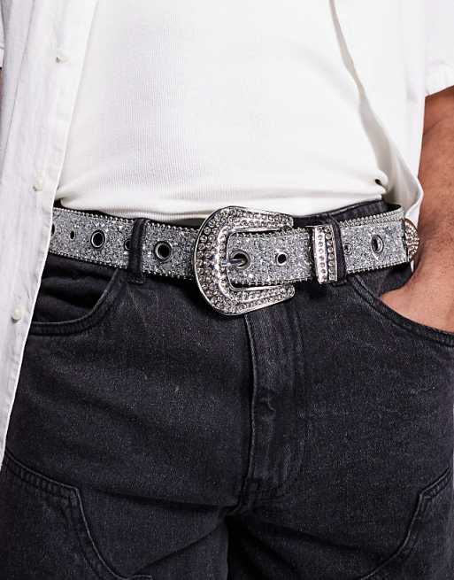 Asos Design Western Grommets Belt In Silver Glitter Faux Leather
