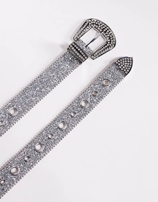 Asos Design Western Grommets Belt In Silver Glitter Faux Leather