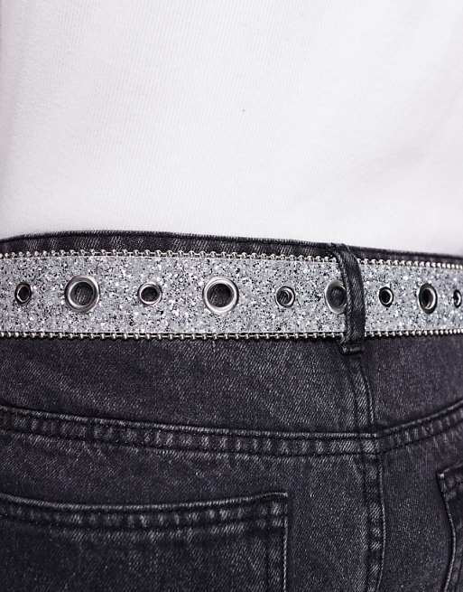 Asos Design Western Grommets Belt In Silver Glitter Faux Leather