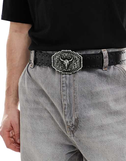 Asos Design Western Cowboy Plate Belt In Faux Leather With Whipstitch Detail In Black